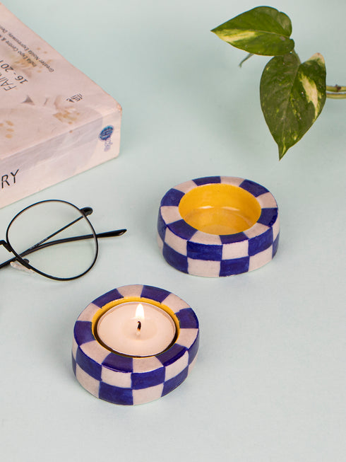 Blue Pottery T-Light Holder Set Of 2 Pcs.
